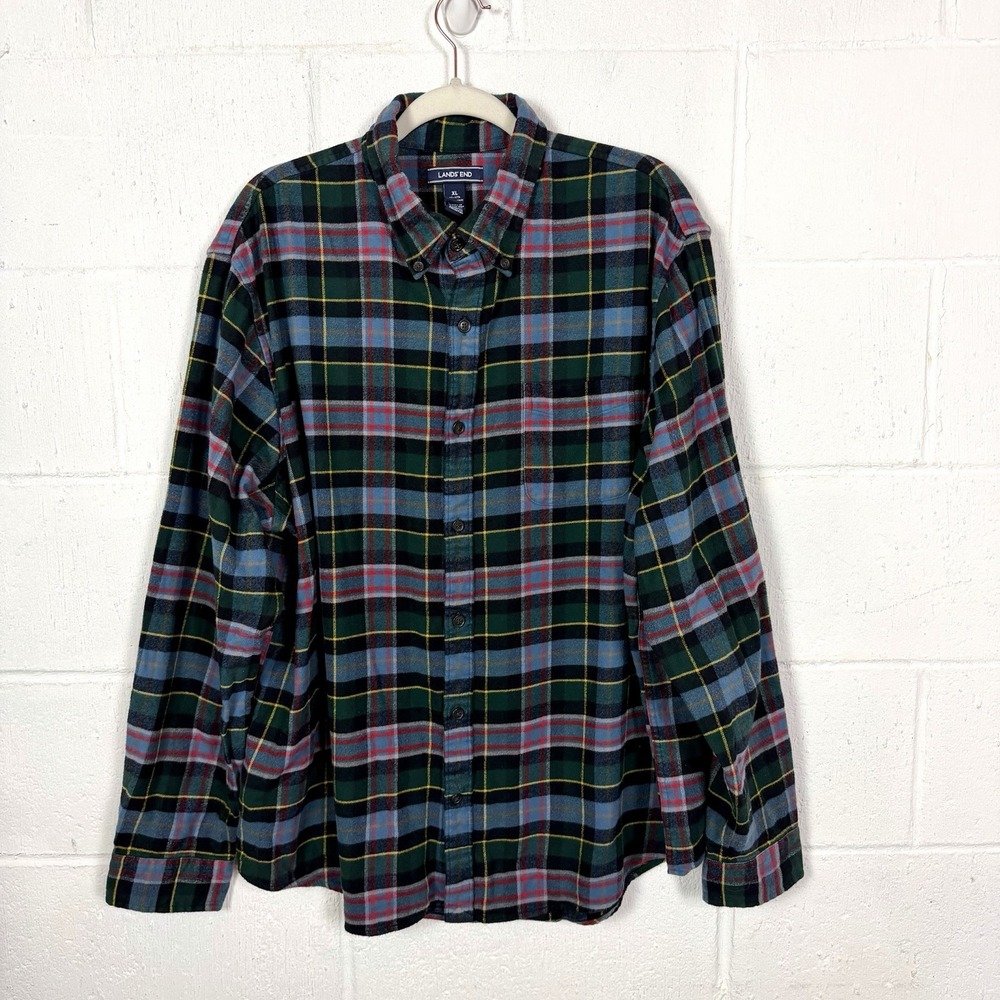 Lands End Mens Long Sleeve Traditional Fit Flannel Shirt XL Blue Plaid Holiday